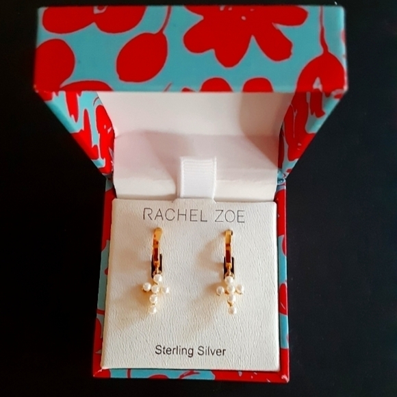 Rachel Zoe Cross Pearl Huggie Earrings New In Box - Picture 1 of 3